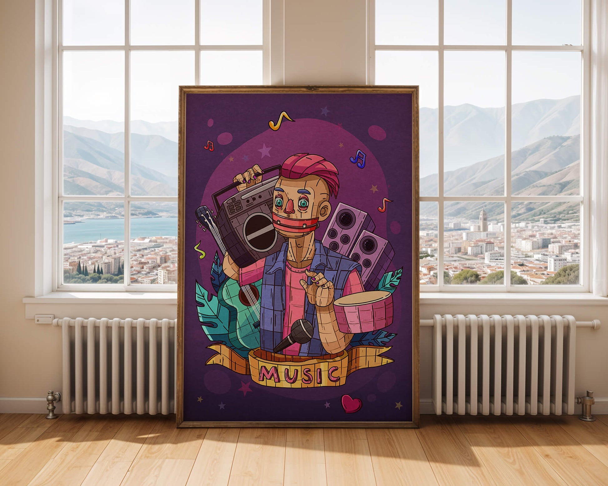 Illustration colorée sur le thème de la musique avec un personnage et des instruments