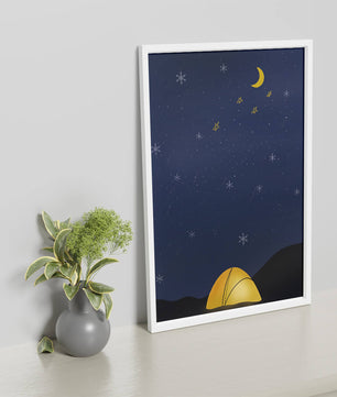 Camping Under Night Sky with Stars and Crescent Moon