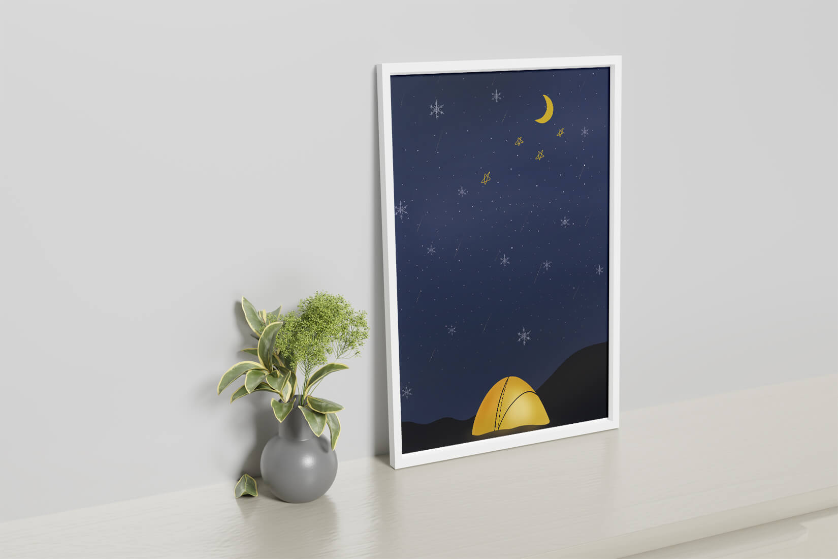 Camping Under Night Sky with Stars and Crescent Moon