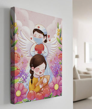 Escena ilustrada de un ángel de la salud con un niño y flores