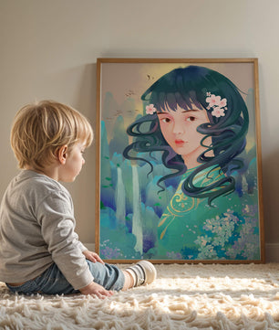 Retrato onírico de una niña con elementos florales y fondo natural
