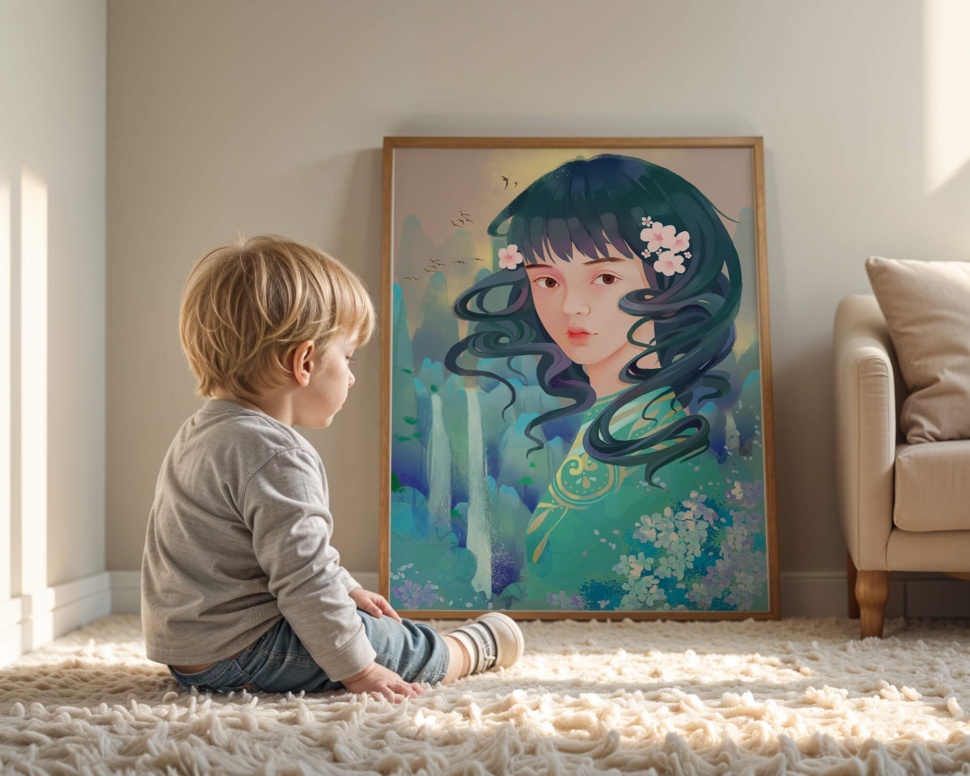 Retrato onírico de una niña con elementos florales y fondo natural.