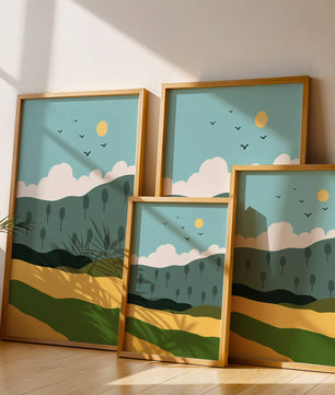 Minimalist Landscape with Hills and Sun