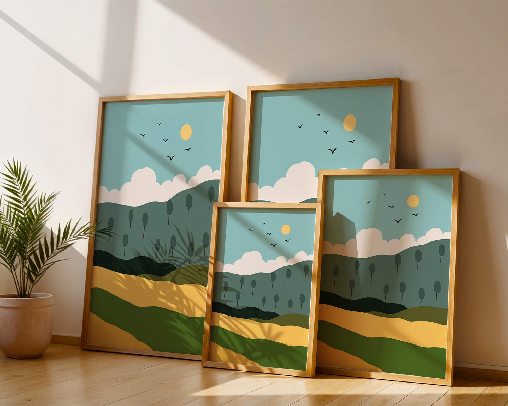 Minimalist Landscape with Hills and Sun