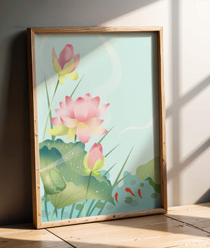 Loteo de flores de loto ilustrativas con hojas y peces koi en un estanque sereno