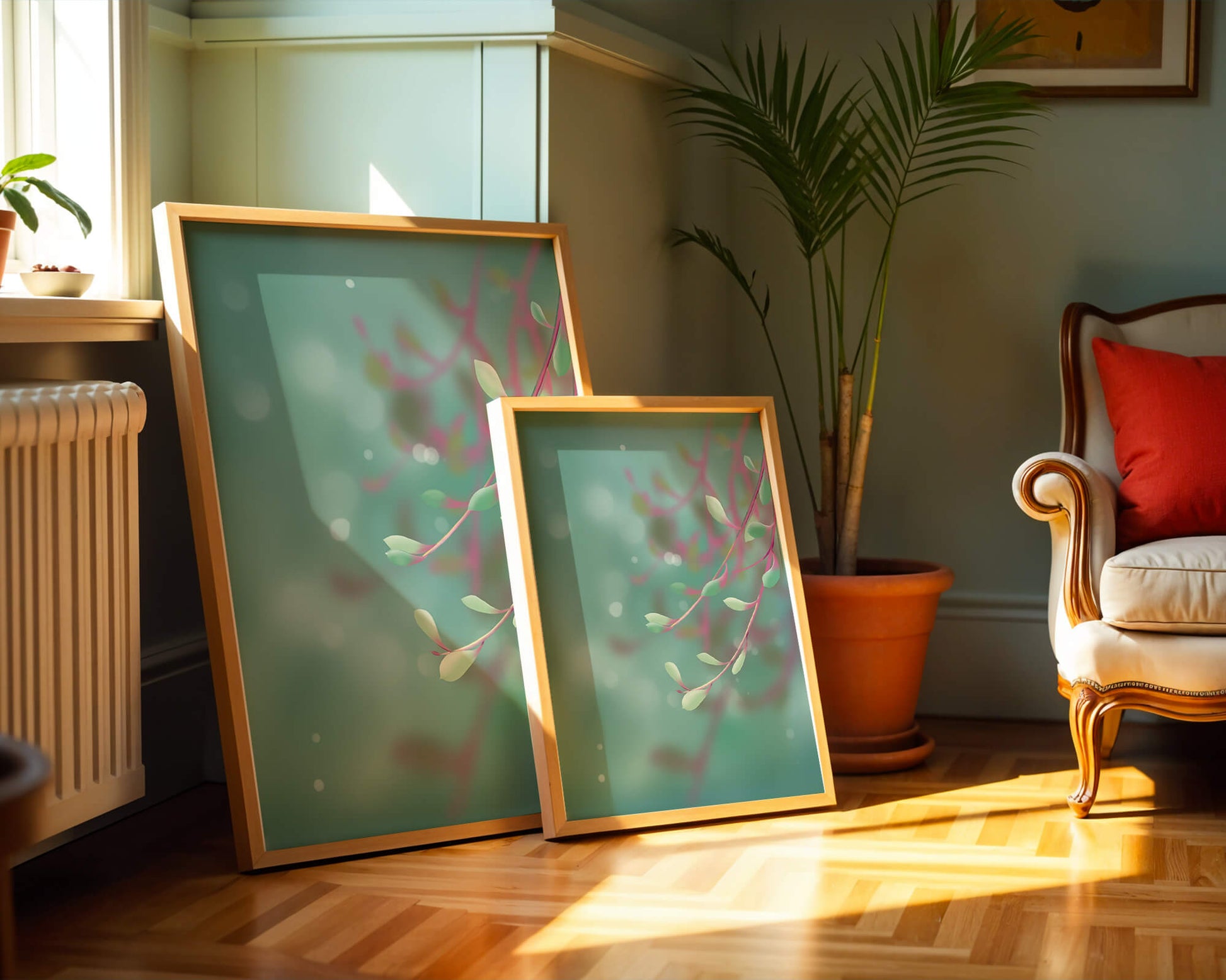 Diseño abstracto sereno con hojas pastel y fondo borroso