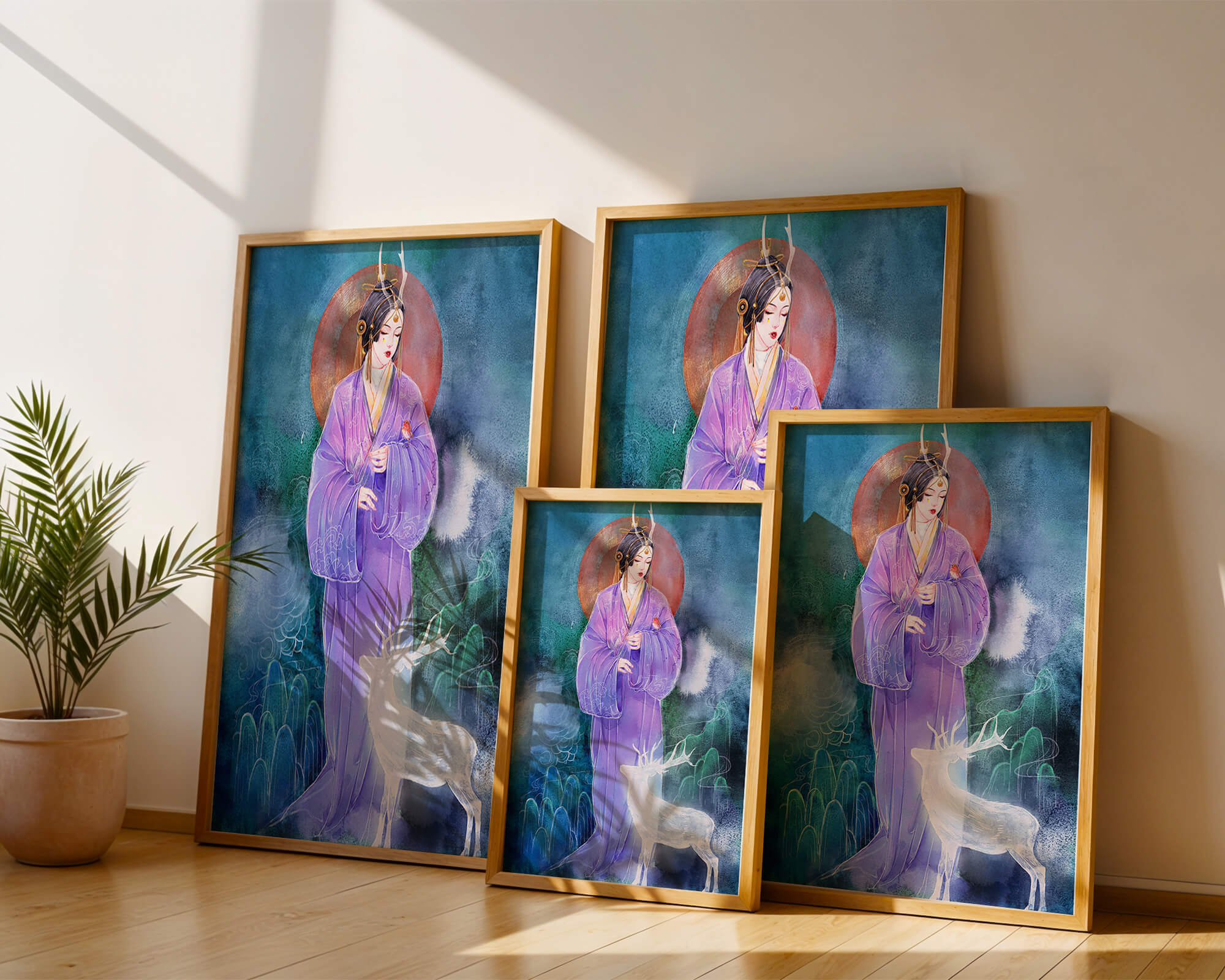 Elegant woman in traditional attire with a mystical deer set against a serene backdrop