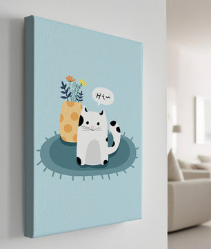 Cute illustration of a cat and flowers on a rug with a speech bubble
