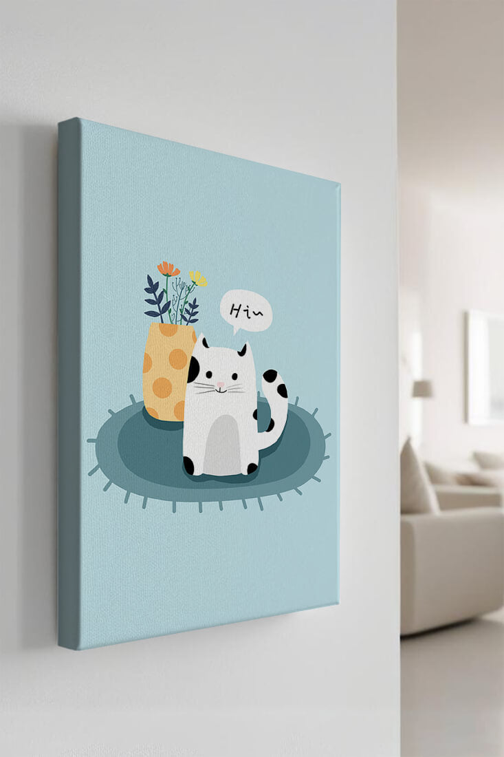 Cute illustration of a cat and flowers on a rug with a speech bubble