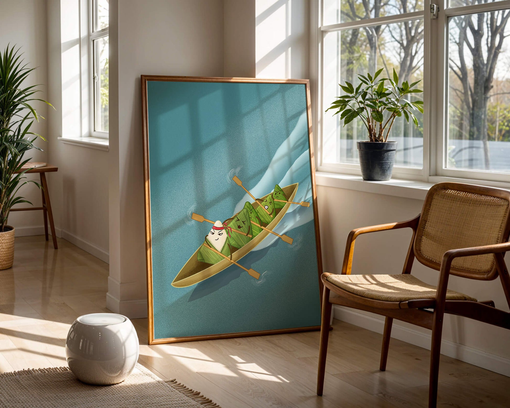 Charming illustration of rice dumplings rowing a boat with expressions