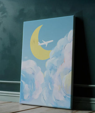Ilustración de cielo panorámico con avión y luna creciente