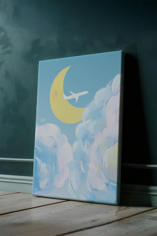 Scenic sky illustration with airplane and crescent moon