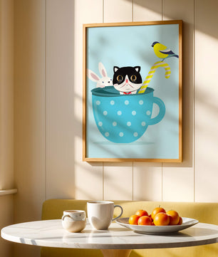 Playful illustration of cat, rabbit, and bird in a teacup