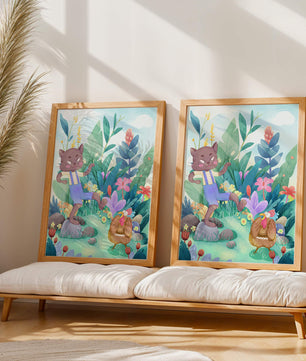Playful Cat and Chicken in Vibrant Forest Scene Illustration
