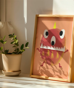 Monstruo colorido con características geométricas y expresión juguetona