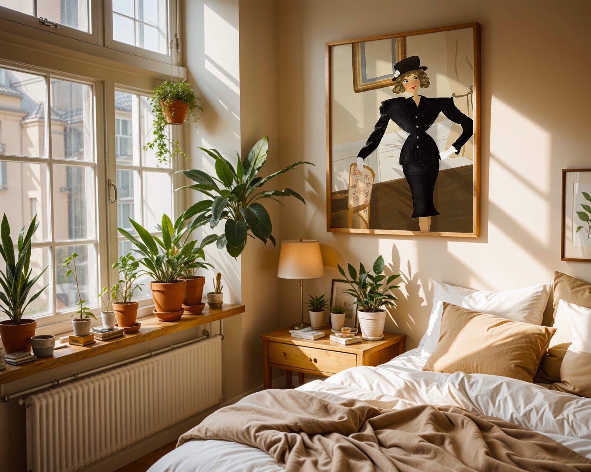Mujer elegante en moda vintage con traje negro y sombrero