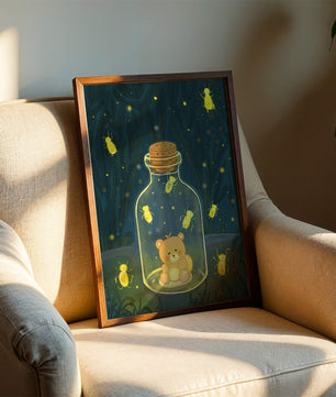 Charming teddy bear in a jar with glowing fireflies