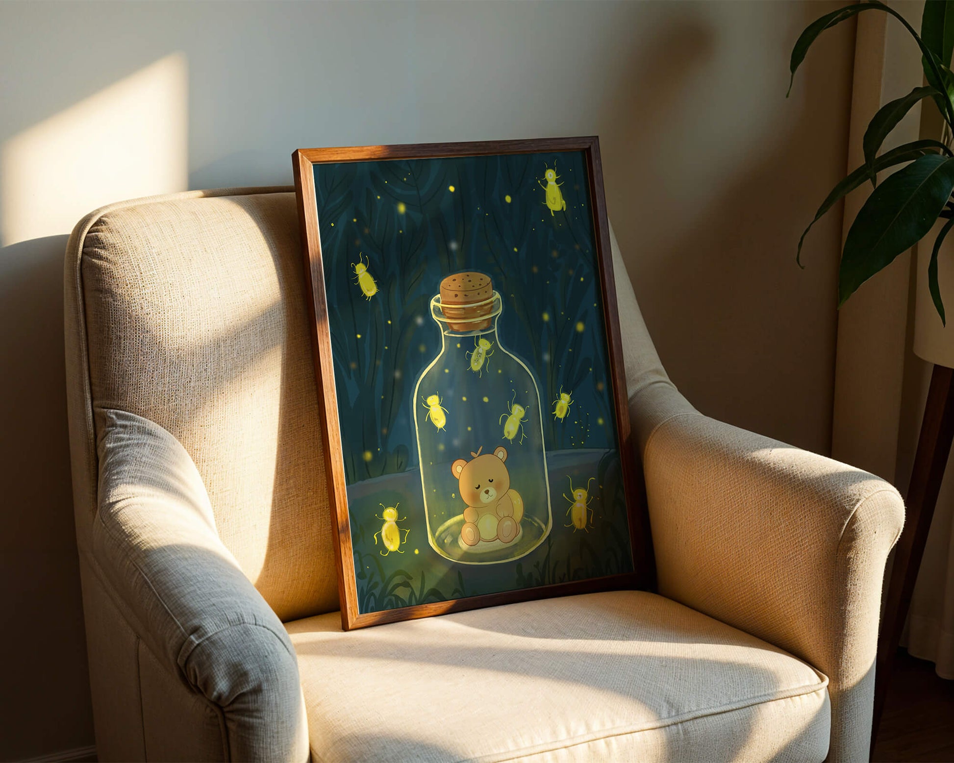 Charming teddy bear in a jar with glowing fireflies