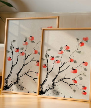 Elegant botanical illustration with vibrant red fruit on branches