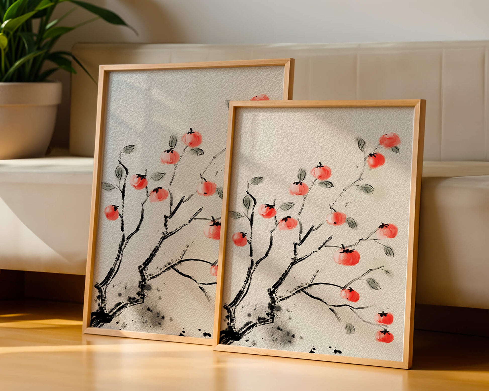 Elegant botanical illustration with vibrant red fruit on branches