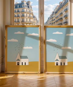 Paisaje minimalista con una casa blanca y cielo