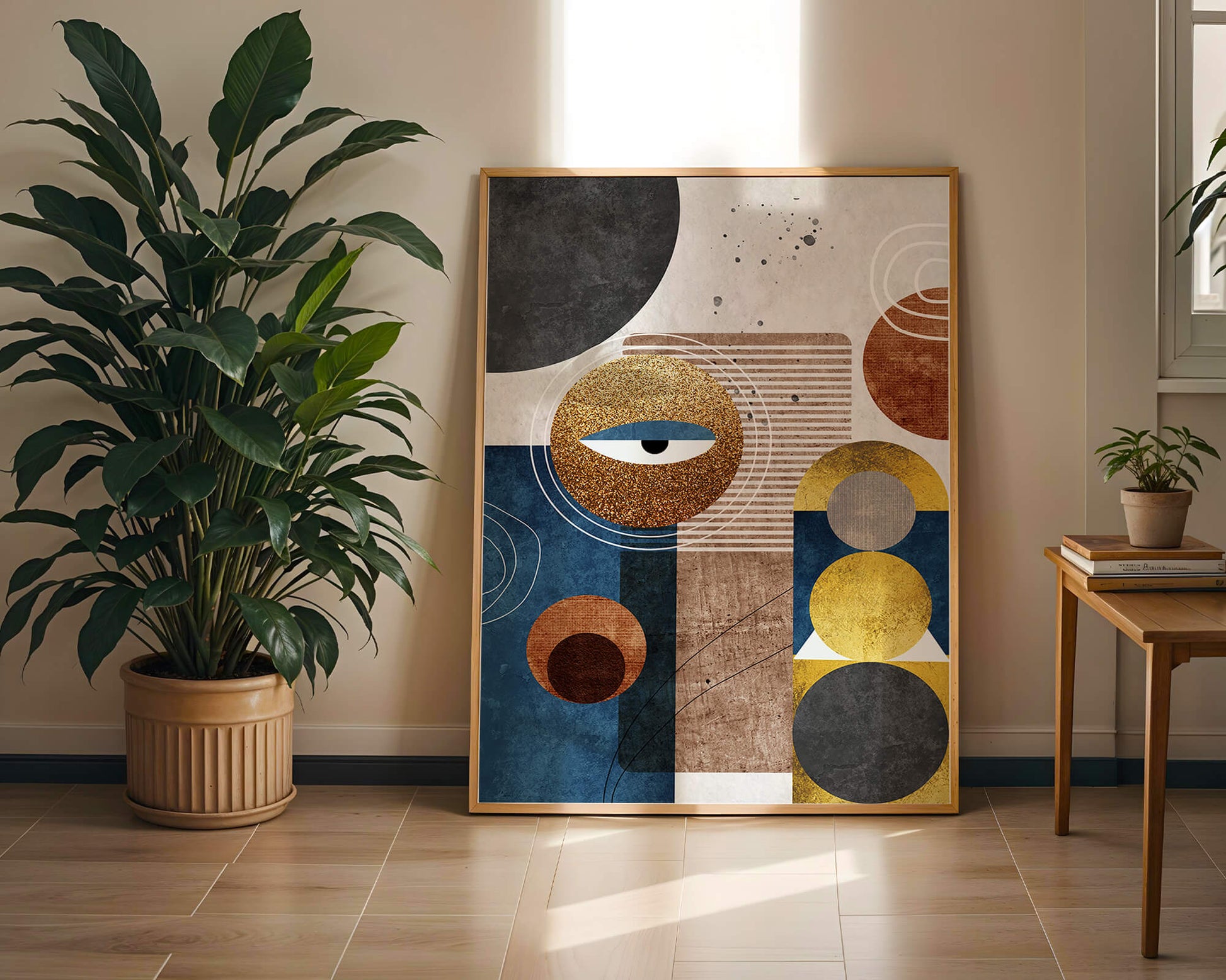 Abstract geometric artwork with gold and blue elements