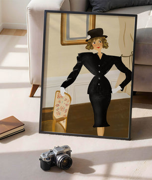 Elegant Woman in Vintage Fashion with Black Suit and Hat