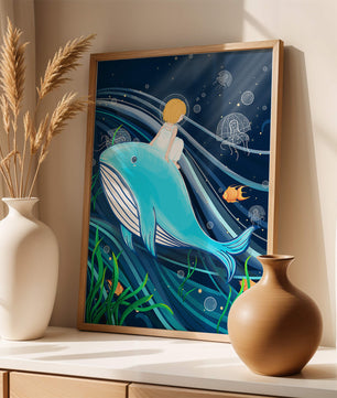 Whimsisches Unterwasserszenario mit Kind und Blauwal