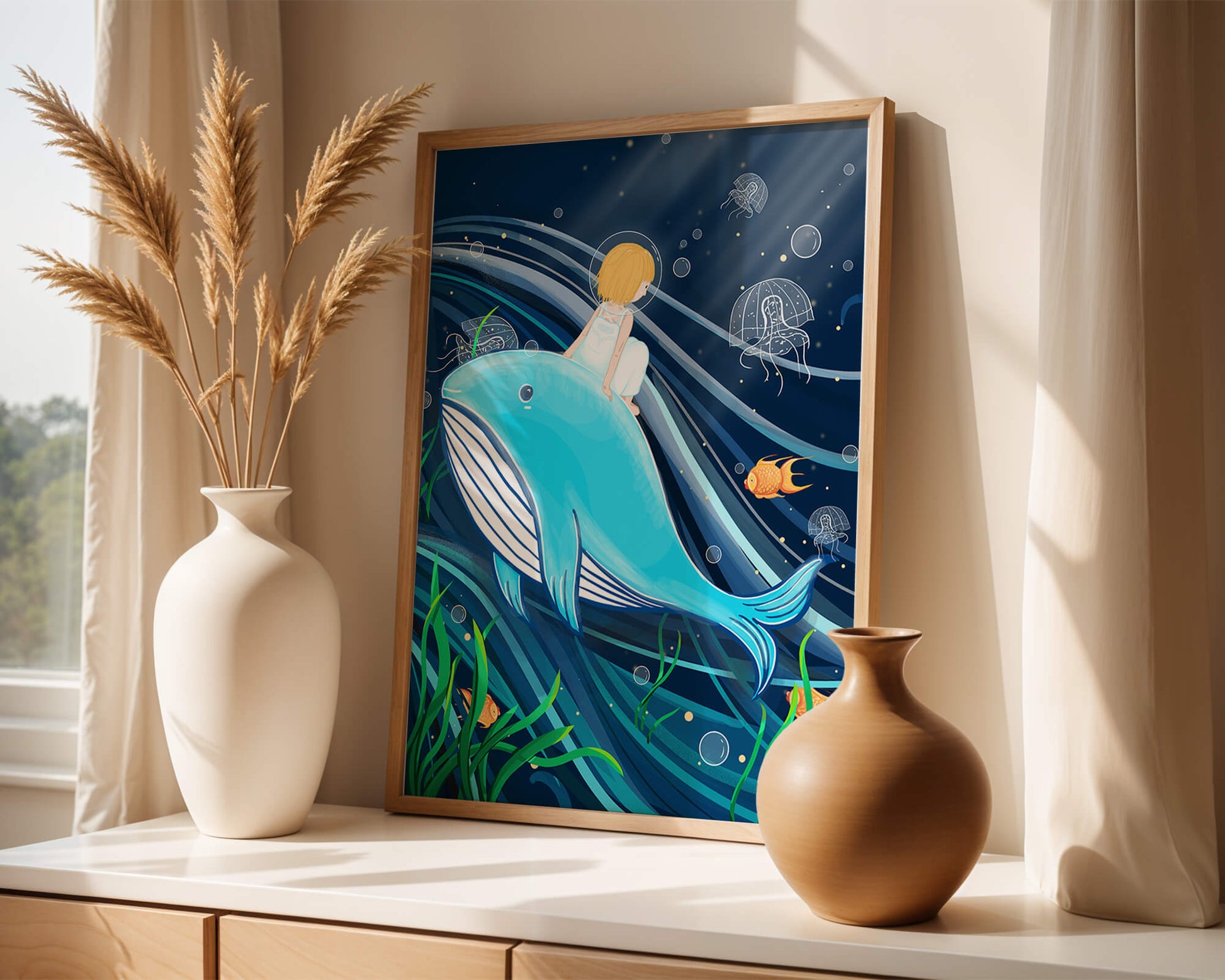 Whimsisches Unterwasserszenario mit Kind und Blauwal