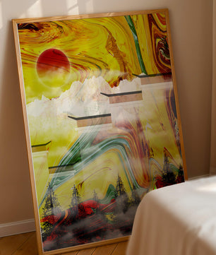 Abstract Landscape with Swirling Colors and Red Sun