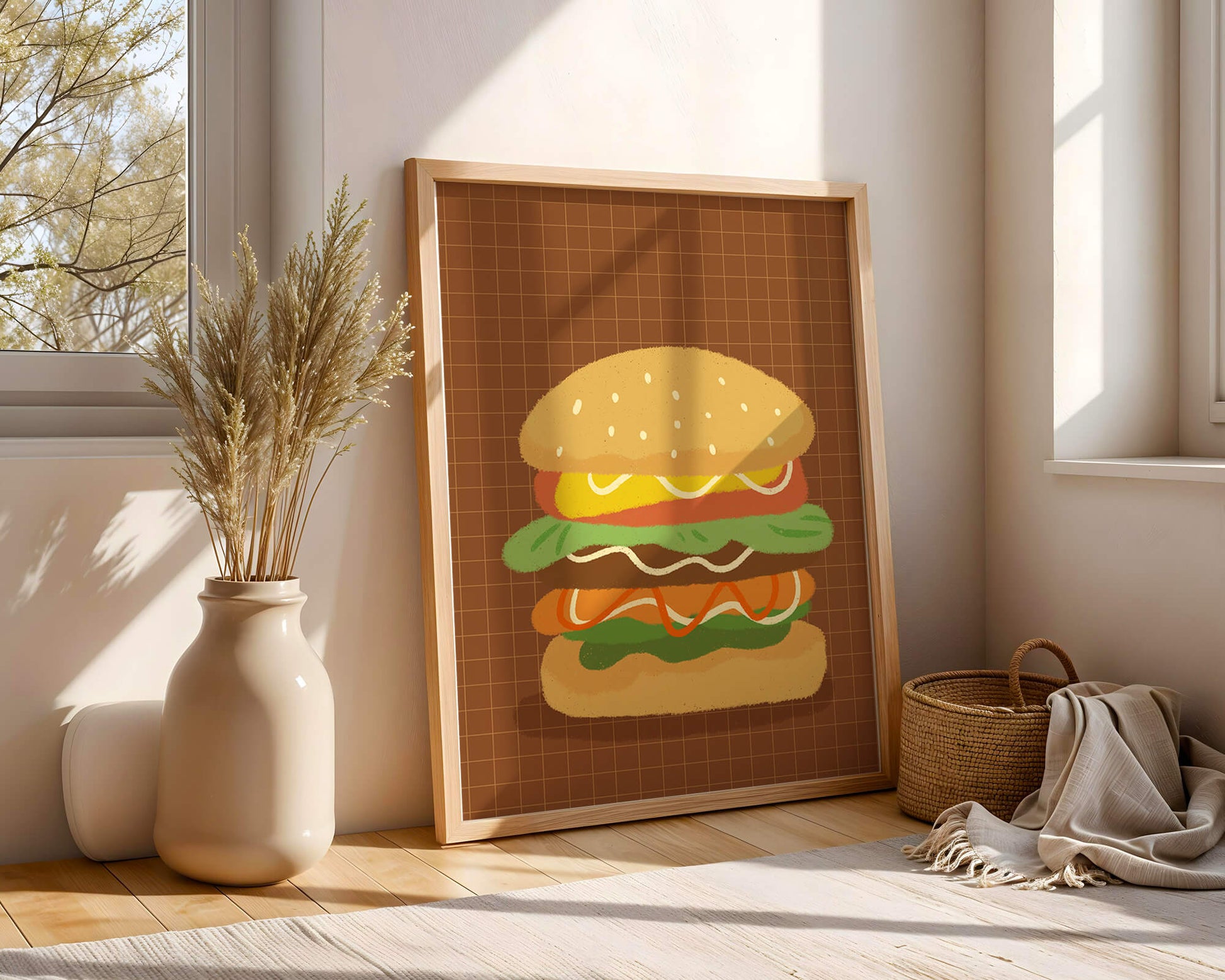 Illustrated cheeseburger with colorful layers on a grid background