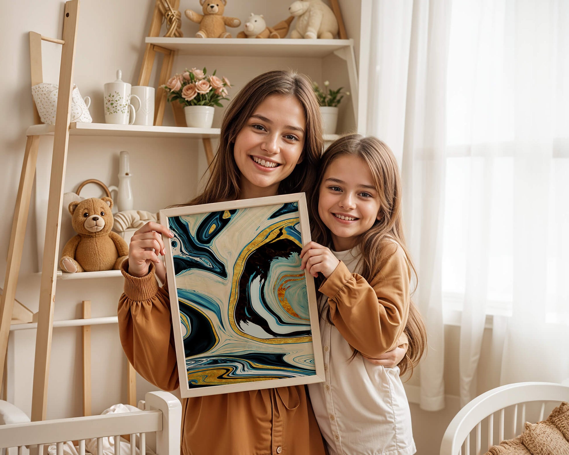 Abstract Marble Art with Gold Accents in Blue and Black Swirls