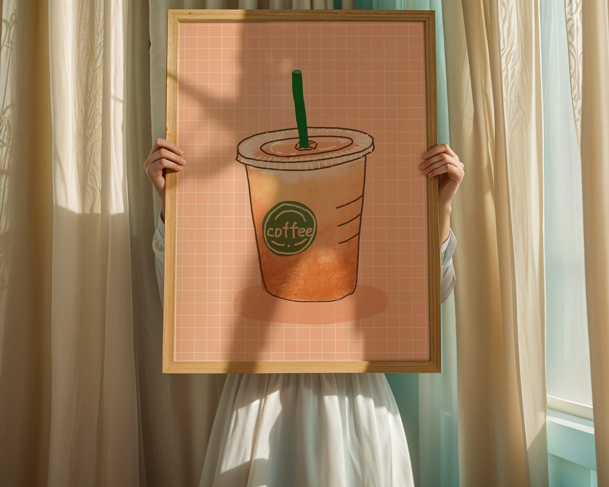 Illustrated iced coffee cup on peach grid background