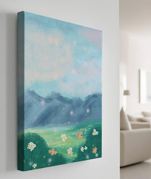 Serene Landscape with Blooming Flowers and Majestic Mountains