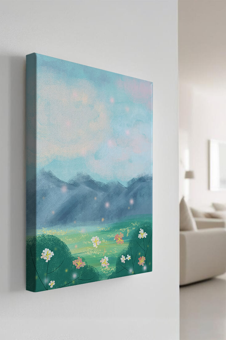 Serene Landscape with Blooming Flowers and Majestic Mountains