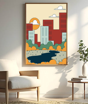 Cityscape At Sunset With Park And Lake