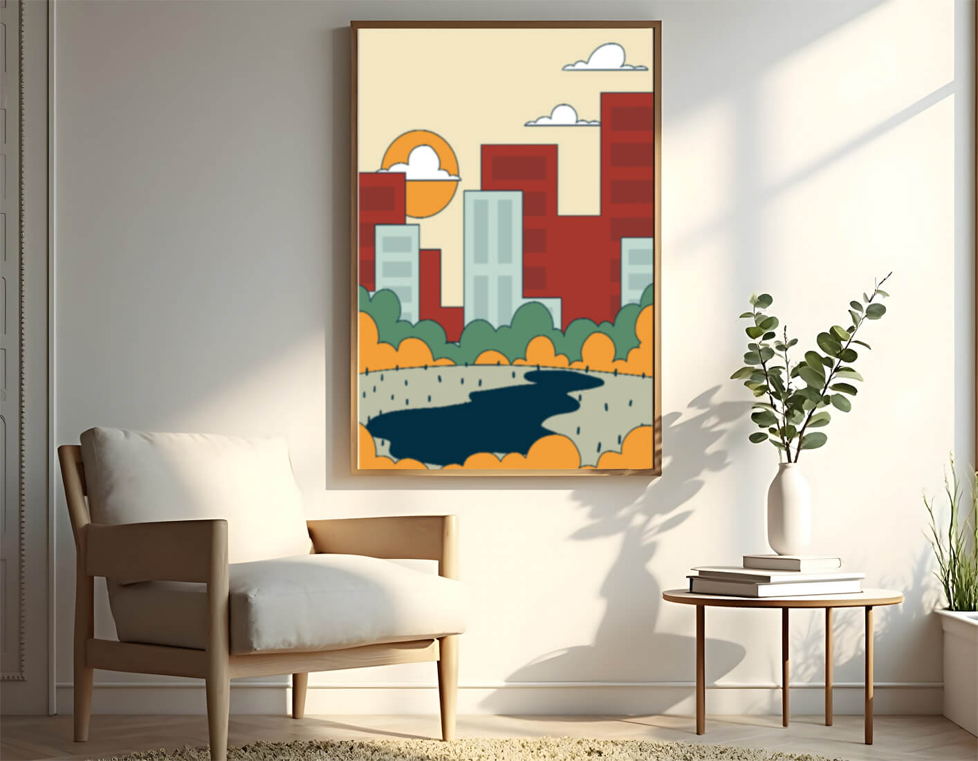 Cityscape At Sunset With Park And Lake