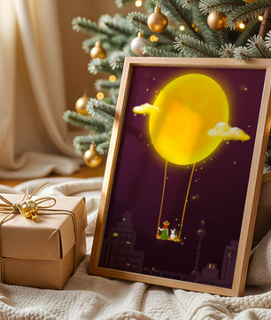 Whimsical night scene with a girl and a rabbit on a swing beneath a glowing moon