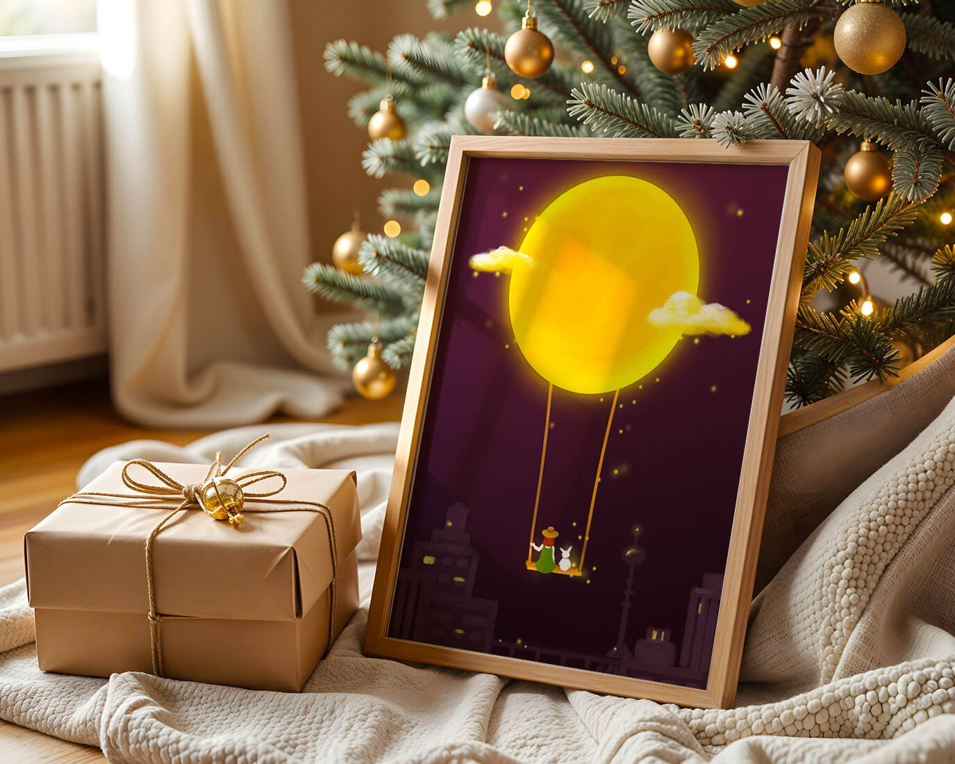 Whimsical night scene with a girl and a rabbit on a swing beneath a glowing moon