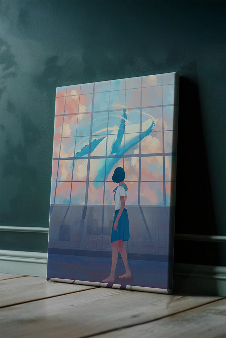 Young girl looking at a giant whale through a large window