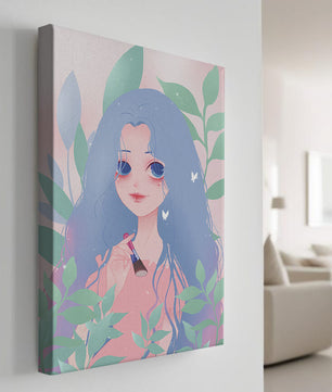 Illustration of a blue-haired girl surrounded by greenery