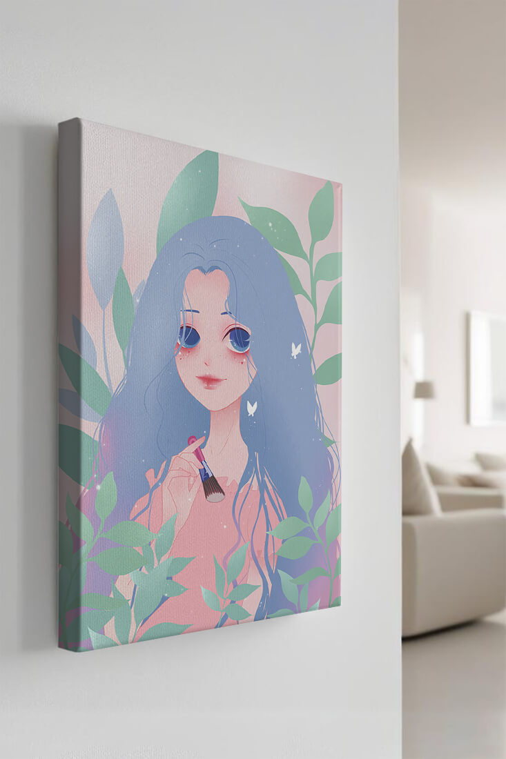 Illustration of a blue-haired girl surrounded by greenery