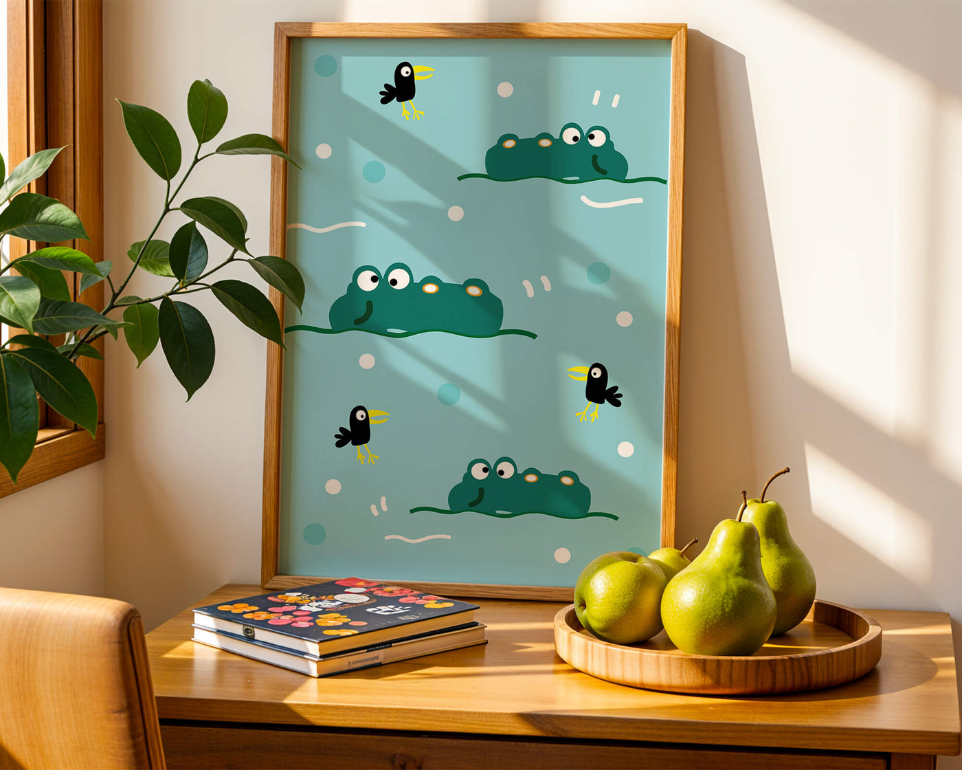 Playful cartoon crocodiles and birds on blue patterned background