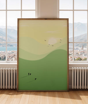 Paisaje minimalista con figuras silueteadas y aves al atardecer
