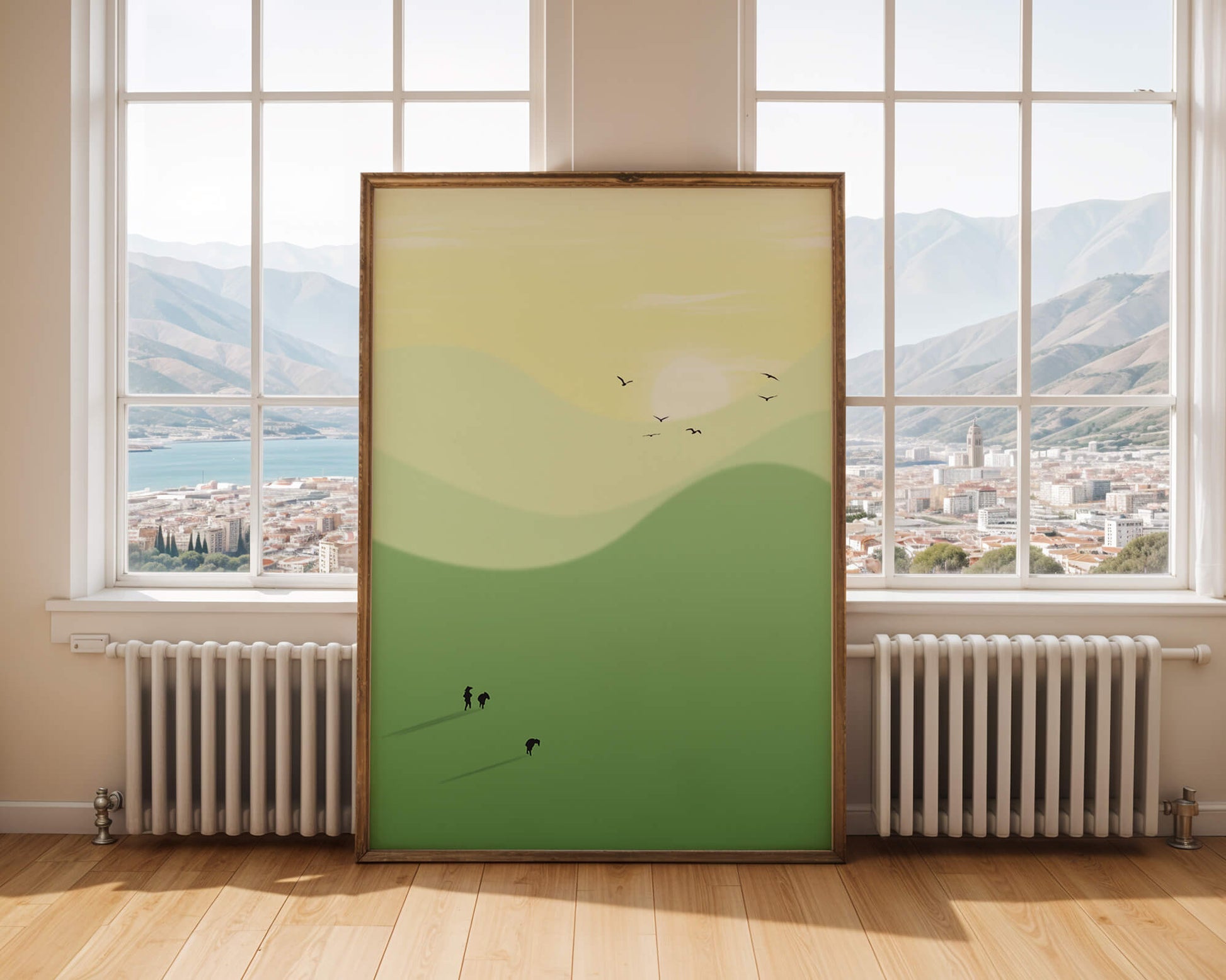 Paisaje minimalista con siluetas de personas y pájaros al atardecer