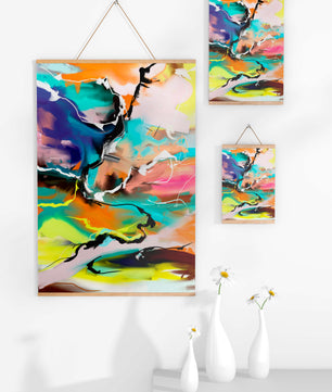 Pintura abstracta colorida con líneas vibrantes y dinámicas