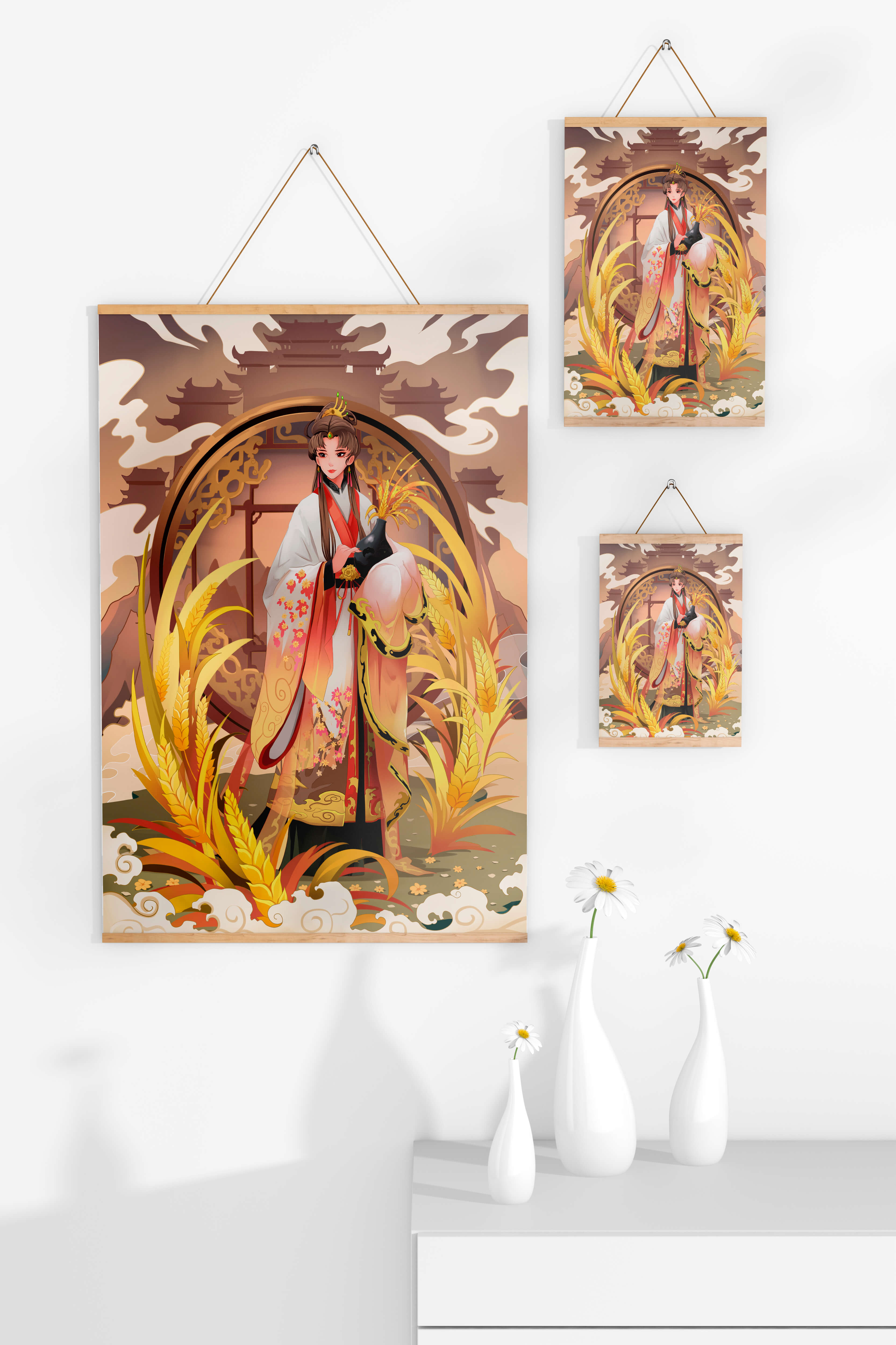 Elegant woman in traditional attire amidst golden wheat field and oriental architecture