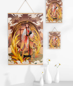 Elegant woman in traditional attire amidst golden wheat field and oriental architecture