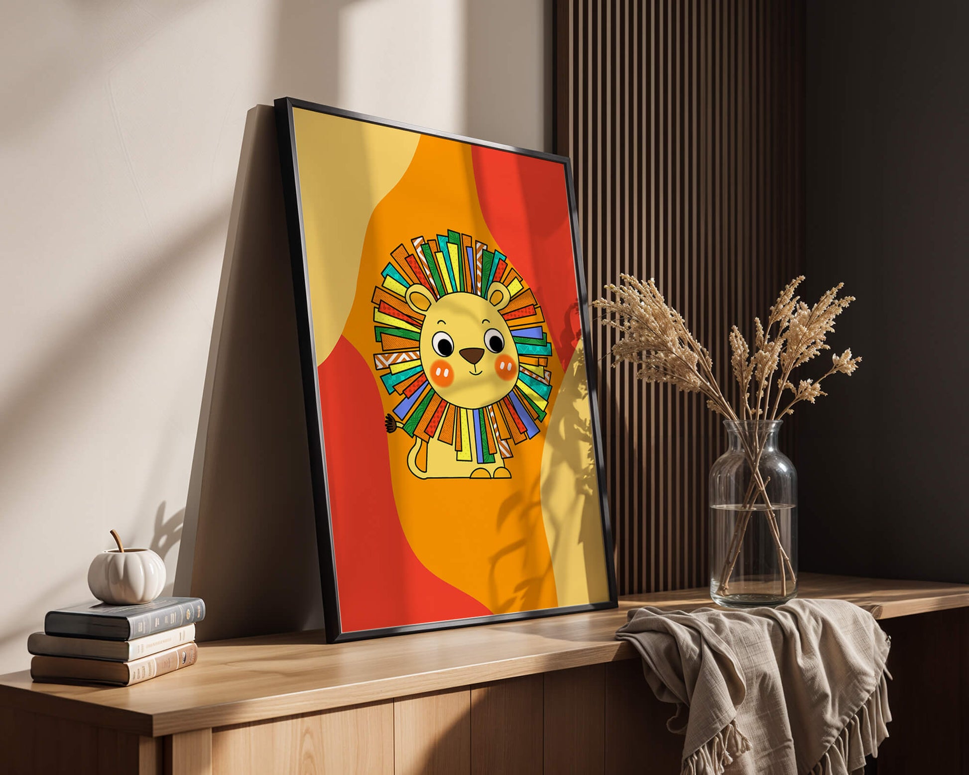 Colorful cartoon lion illustration with vibrant mane on abstract background
