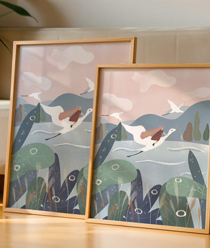 Whimsical landscape with flying birds and pink sky